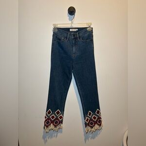 Tory Burch Dark Blue Cropped Jeans with Red & Cream Beaded Fringe